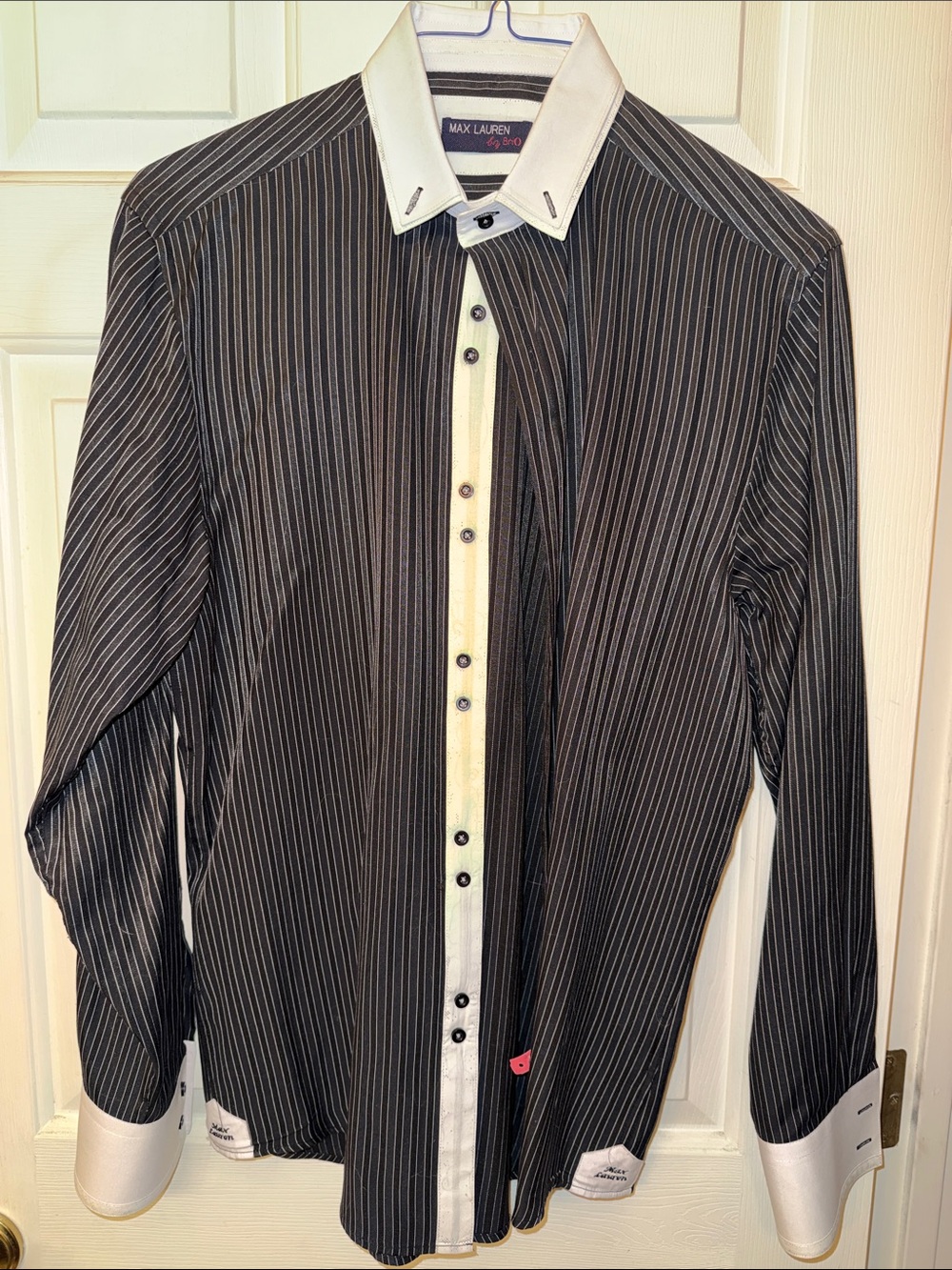 Max Lauren Men’s Black Pinstripe Dress Shirt with White Contrast Collar